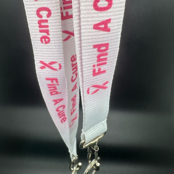TWO Breast Cancer Awareness Grosgrain Ribbon Lanyard - WHITE FIND A CURE - Picture 4 of 4